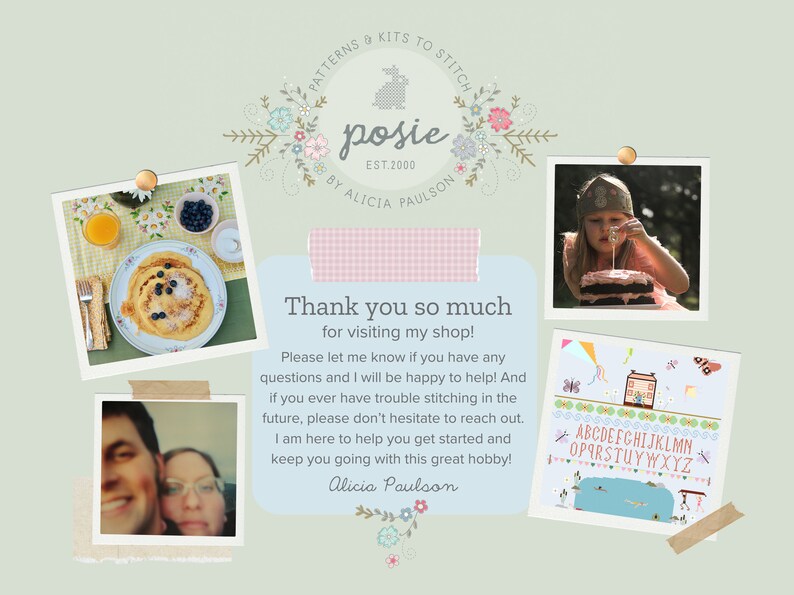 May include: A collage of images featuring a handwritten message that says "Thank you so much for visiting my shop!" with a floral border. The message is surrounded by four images: a plate of pancakes with blueberries, a couple smiling at the camera, a young girl holding a cake, and a cross-stitch pattern of a house with a garden.