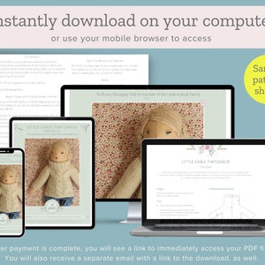 K&ouml;nnte beinhalten: Ein digitaler Download f&uuml;r ein Strickmuster f&uuml;r einen Pullover mit Rollkragen f&uuml;r Puppen. Das Muster ist auf einem Computerbildschirm, einem Tablet und einem Telefon zu sehen. Das Muster hei&szlig;t "Little Cable Turtleneck for Dolls".