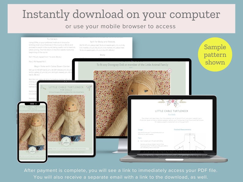 K&ouml;nnte beinhalten: Ein digitaler Download f&uuml;r ein Strickmuster f&uuml;r einen Pullover mit Rollkragen f&uuml;r Puppen. Das Muster ist auf einem Computerbildschirm, einem Tablet und einem Telefon zu sehen. Das Muster hei&szlig;t "Little Cable Turtleneck for Dolls".