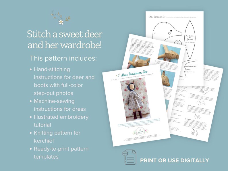 May include: A printable PDF pattern for sewing a deer doll and her wardrobe. The pattern includes instructions for hand-stitching the deer and boots, machine-sewing the dress, and knitting a kerchief. The pattern also includes ready-to-print templates.