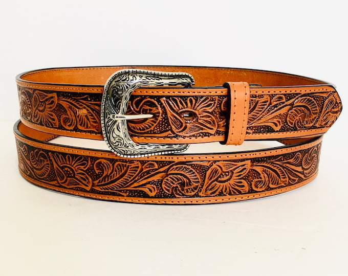 Cowboy western leather belt, hand tooled belt