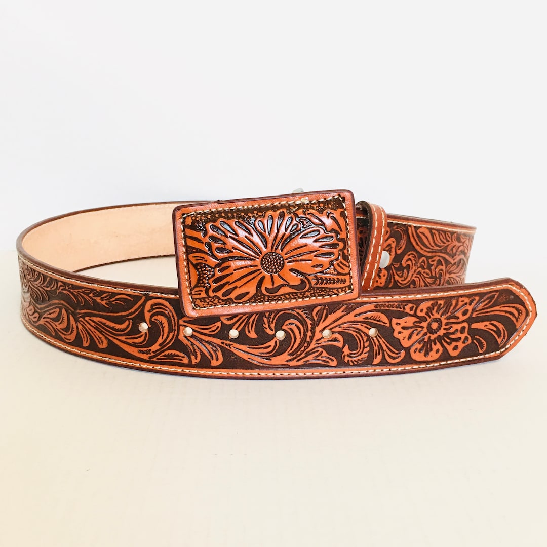 Men's Western Leather Belt Hand Tooled Rodeo Belt 2 Inch. Cinto Vaquero