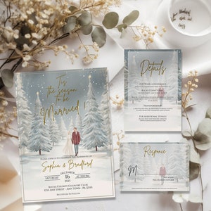 Christmas Wedding Invitation, 3 Piece Set Winter Wedding Invitation, Holiday Wedding Invitation, Wedding Invite, Downloadable, Editable