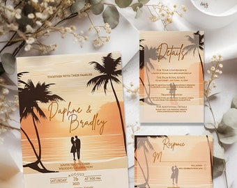 Beach Wedding Invitation, Palm Tree Wedding Invite, Destination Beach Wedding, Tropical Wedding Invite, Editable, Downloadable Invitation
