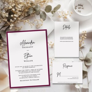 Modern wedding invitation 3 piece set, minimalist editable downloadable invite suite, burgundy & white wedding invite rsvp details  bundle,