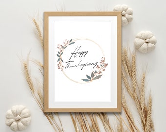 Printable Happy Thanksgiving Wreath Wall Art, Fall Art Download, Digital Print, Simple Fall Wreath Printable, Thanksgiving Printable Decor