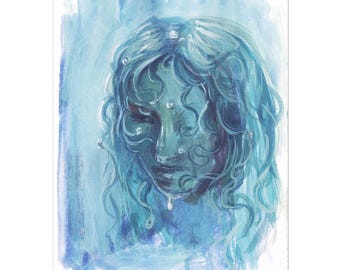 May include: A watercolour painting of a face with closed eyes and flowing, curly blue hair. The artwork features a cool palette of blues and aquas, with a teardrop detail. The background has soft brushstrokes, creating a dreamy, ethereal effect.