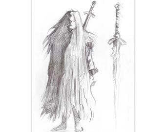 Krijger - fantasie - originele potloodtekening A4-afdruk