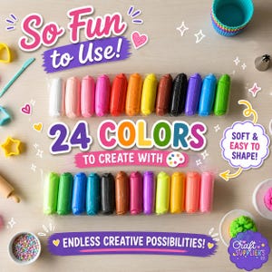 Könnte beinhalten: Eine Sammlung von 24 farbigen Modelliermasse-Stiften in verschiedenen Farbtönen, verpackt in klarem Kunststoff. Das Bild enthält den Text "So Fun to Use!" und "24 Colors to Create With." Zusätzlicher Text lautet "Soft & Easy to Shape!" und "Endless Creative Possibilities!"