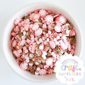以下が含まれることがあります： クラフト用品が入った白いボウル。ボウルには、キャンディー、ジンジャーブレッドマン、円の形をしたピンク、白、茶色のポリマークレイのピースが入っています。 Craft Suppliers Rusのロゴが右下にあります。