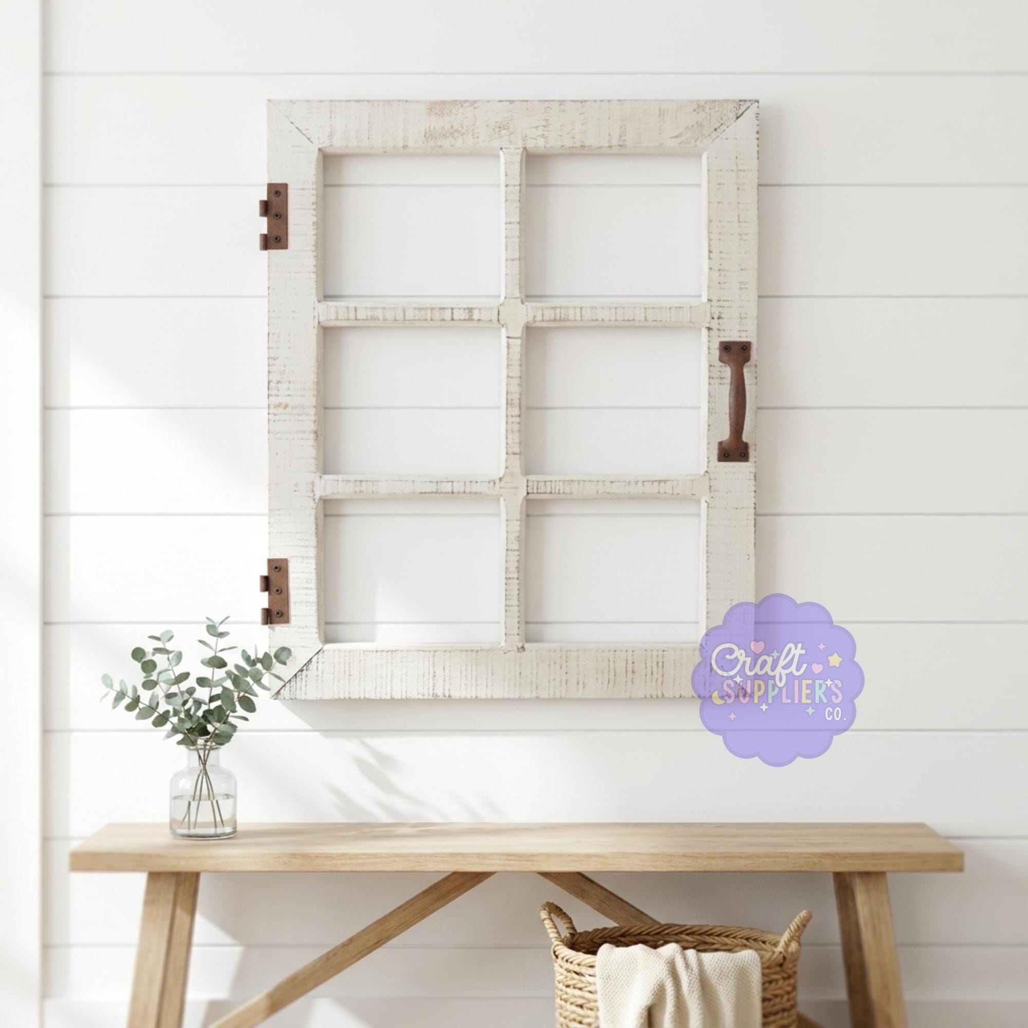 Cream Distressed Window Wood Wall Decor, Farmhouse Rustic Metal Accents