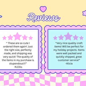 May include: A colourful graphic featuring the word "Reviews" in a playful font. Two framed customer reviews are shown, each with star ratings and positive feedback about craft items. The background has a checkered pattern.