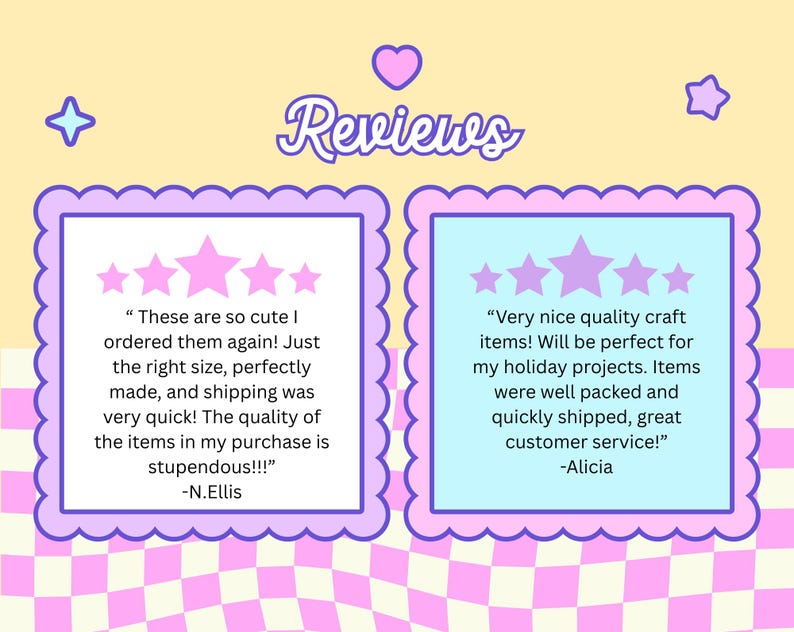 May include: A colourful graphic featuring the word "Reviews" in a playful font. Two framed customer reviews are shown, each with star ratings and positive feedback about craft items. The background has a checkered pattern.