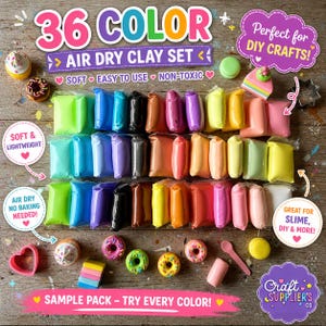 Puede incluir: Un juego de arcilla de secado al aire de 36 colores con varios colores en paquetes individuales. La imagen incluye creaciones de arcilla de muestra como donas y un cortador en forma de corazón. El texto en la imagen dice "Soft & Lightweight" y "Air Dry No Baking Needed!"