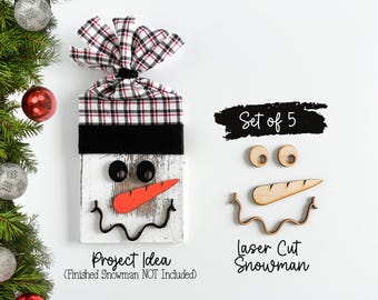 Lasergesneden sneeuwpop gezicht blanks – set van 5 – DHZ kerstknutselset – 1/8" houtuitsnijdingen voor 2 x 4 projecten – rustiek vakantie sneeuwpop decor