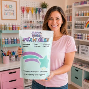 May include: A white pouch of Craft Supplier's Foam Clay featuring a light blue star and purple shooting star graphic. The text reads No Residue, Soft, Lightweight, Stretchy, Air-Dry, Non-Toxic, Craft Projects, Making Slime, Prop Creations, and 17.6 oz.