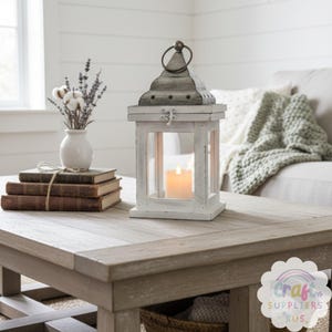 Farol de madera blanca envejecida, farol blanco con tapa de metal galvanizado, farol de estilo rústico, farol de granja