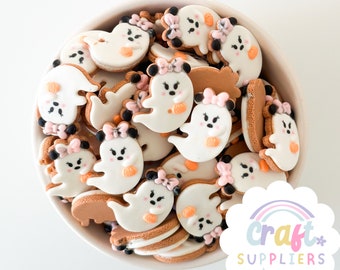 Set of 4 Flat Back Mouse Ears Ghost Cabochons, Flat Back Ghost Cabochons, Mouse Ear Ghost Cabochon, Ghost Charm, Halloween Cabochons