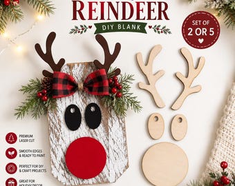 Laser Cut Reindeer Face Blanks – Set of 2 or 5  – Reindeer Antlers & Face Shapes – Christmas Wood Cutouts for Crafts
