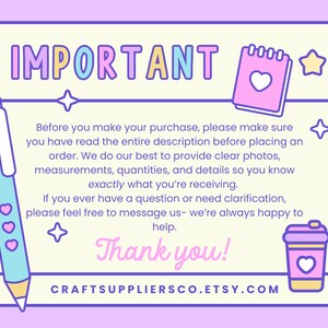 May include: A pastel-coloured graphic with the word "IMPORTANT" in colourful letters. The image includes a pen, notepad, and coffee cup with hearts. Text advises reading the full description before purchase.