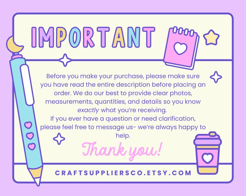 May include: A pastel-coloured graphic with the word "IMPORTANT" in colourful letters. The image includes a pen, notepad, and coffee cup with hearts. Text advises reading the full description before purchase.