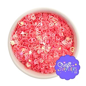 Può includere: Una ciotola bianca piena di coriandoli rosa a forma di cuore. I coriandoli hanno un mix di forme di cuore piene e aperte, con alcuni pezzi iridescenti. La ciotola è posta su uno sfondo bianco. Un logo viola con la scritta "Craft Supplier's Co." si trova nell'angolo in basso a destra.