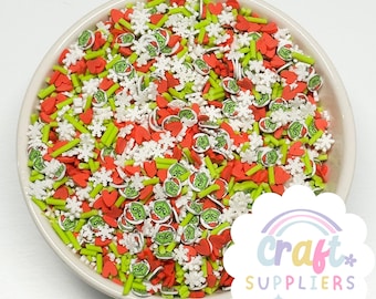 Christmas Character Fake Polymer Clay Sprinkles, Green Character Christmas Sprinkle Mix, Fake Christmas Sprinkle Mix, Fake Christmas Jimmies