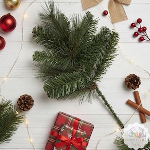 May include: Overhead shot of Christmas decorations on a white wooden surface. Includes a green pine branch, red and gold ornaments, pine cones, cinnamon sticks, and wrapped gifts with red bows. A string of lights and burlap ribbon complete the festive scene.