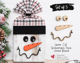 Laser Cut Snowman Face Blanks – Set of 5 – DIY Christmas Craft Kit – 1/8" Wood Cutouts for 2x4 Projects – Rustic Holiday Snowman Decor
