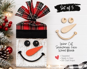 Laser Cut Snowman Face Blanks – Set of 5 – DIY Christmas Craft Kit – 1/8" Wood Cutouts for 2x4 Projects – Rustic Holiday Snowman Decor