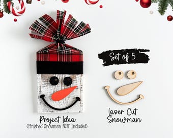 Lasergesneden sneeuwpop gezicht blanks – set van 5 – DHZ kerstknutselset – 1/8" houtuitsnijdingen voor 2 x 4 projecten – rustiek vakantie sneeuwpop decor