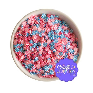 May include: A white bowl filled with colorful, small, round, candy-like embellishments. The embellishments are pink, blue, and white, with a pinwheel design. The bowl has a purple sticker that says "Craft Supplier's Co."