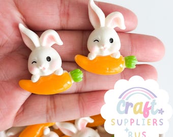 5pc Resin Bunny with Carrot Flat Back Charm, Easter Bunny Charms, Easter Bunny Cabochons, Easter Charms, Easter Cabochons, Easter Embellish