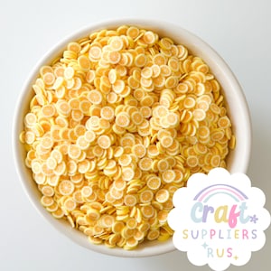 Arcilla polimérica con rodajas de limón falsas de 5 mm, chispas con rodajas de limón falsas, rodajas de limón falsas para proyectos de repostería falsos, slime, globos de nieve