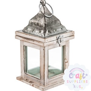 White Distressed Wood Lantern, White Lantern with Galvanized Metal Top, Farmhouse Lantern, Rustic Lantern