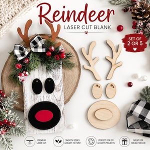 May include: A reindeer laser cut blank set featuring a wooden board with a black and white buffalo check bow, green pine needles, and red berries. The set includes unfinished wooden antlers, eyes, and a nose piece for DIY assembly projects.