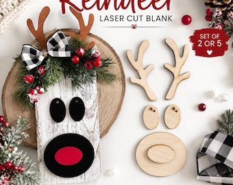 Laser Cut Reindeer Face Blanks – Set of 2 or 5  – Reindeer Antlers & Face Shapes – Christmas Wood Cutouts for Crafts