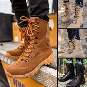 Beige Desert Combat Ankle Boots, Black Outdoor Male Hiking Boots, Male Ankle Chic Footwear, Brown Military Tactical Men Boots