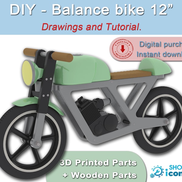 DIY - Plans and tutorial for making a wooden and 3D printed balance bike with 12-inch wheels - usable from 2 and a half years old.