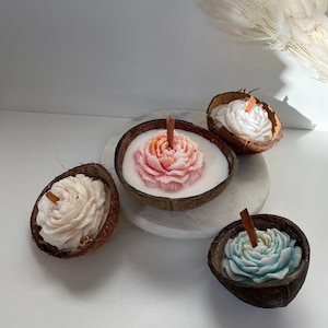 Coconut candles “Bali dream” in several designs, coconut bowls filled with sustainable rapeseed, terrace decoration, summer vibes, natural