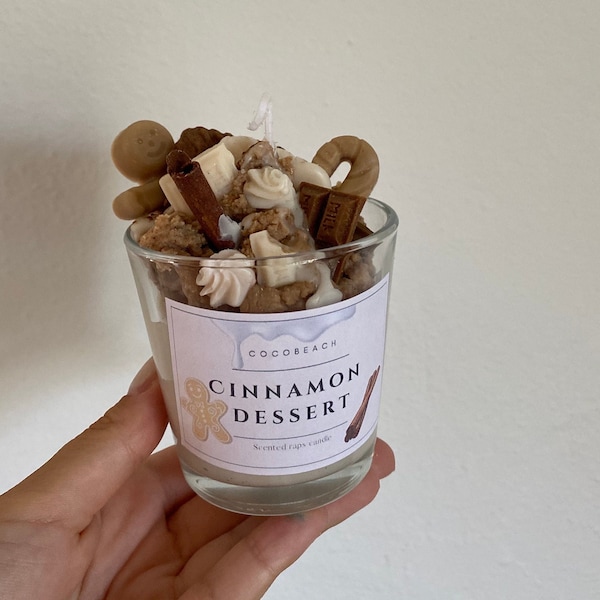 Candle dessert glasses „cinnamon chocolate“ candle jar with chocolate chips and topping, cinnamon roll scent