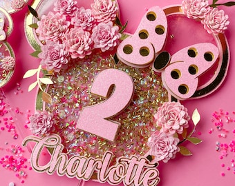 Topo de bolo da Minnie Mouse: decoração de festa de aniversário com glitter