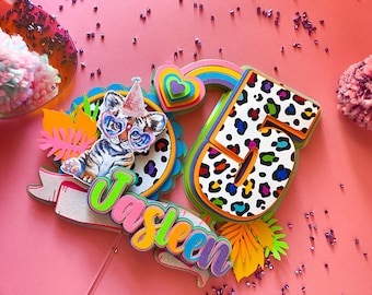 Rainbow cheetah print cake topper, rainbow cheetah pastel colors,animal print pastel birthday party, safari wild animals print cake topper