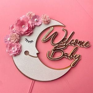Moon flower cake topper,Moon baby shower party,moon cake topper,Moon baby shower party,baby shower girl cake topper,flower moon theme party