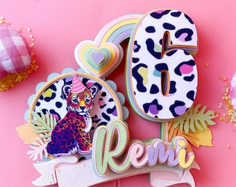 Rainbow cheetah print cake topper, rainbow cheetah pastel colors,animal print pastel birthday party, safari wild animals print cake topper