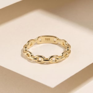 14K Solid Gold Chain Link Ring - Bold Paperclip Design
