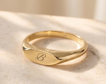 14K Solid Gold Oval Signet Ring, Minimalist Signet Band, Dainty Statement Ring, Rose White Yellow Gold