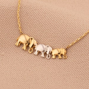 14k Solid Gold Elephants Necklace-Cute Elephant Necklace-14k Gold Family Necklace -Gold Mother Necklace-Gold Animal Necklace-Christmas gifts