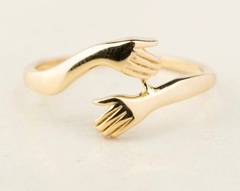 14K Solid Gold Hug Ring: Couple's Love, Friendship Jewelry - Etsy