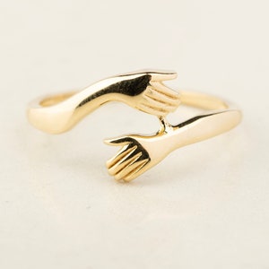 14K Solid Gold Hug Ring - Gold Couple Love Ring - Gold Friendship Hugging Ring - Gold Couples Ring - Gold Two Hands Ring - Christmas gifts